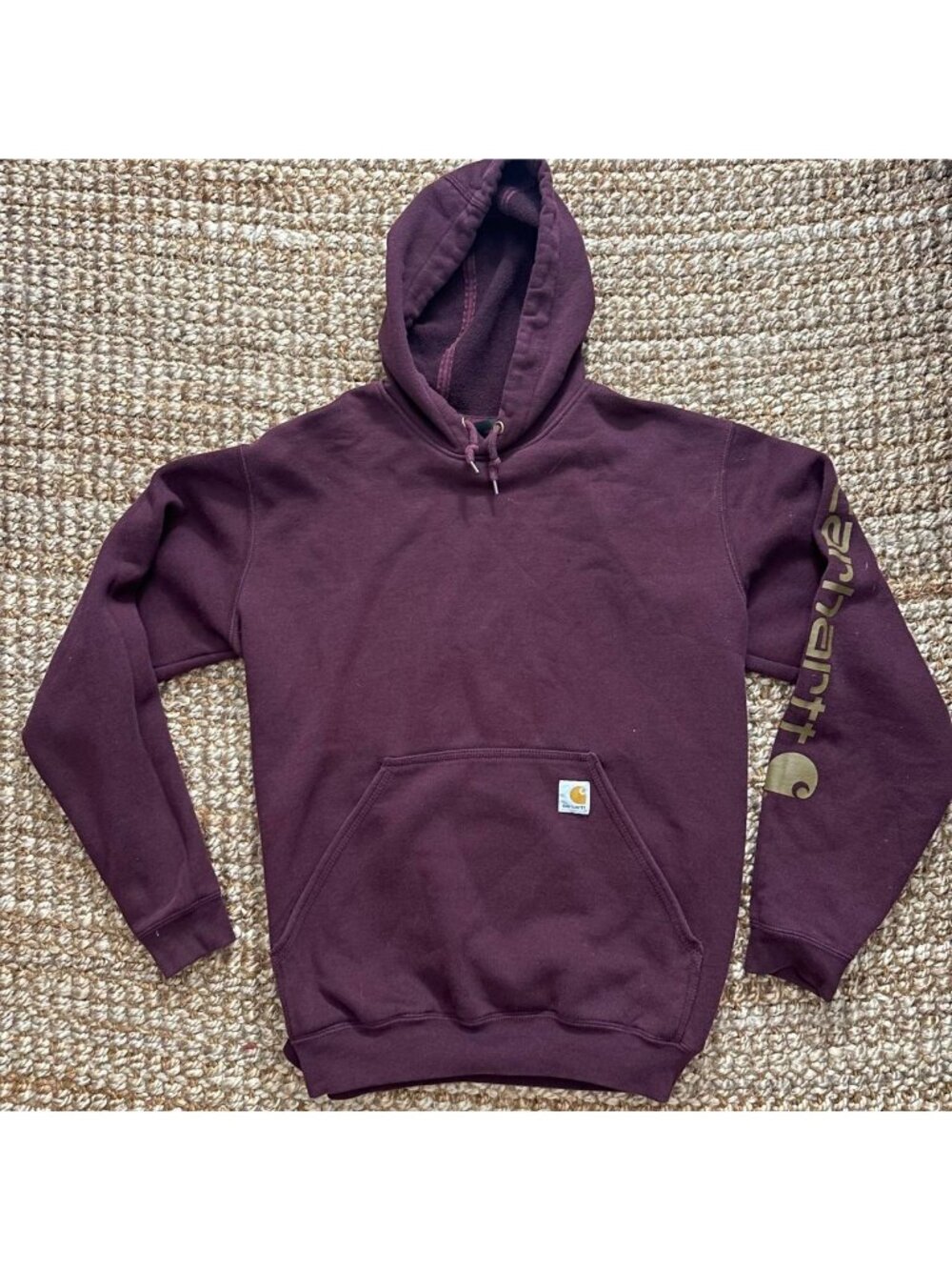 Carhartt Hoodie Mens Burgundy Pullover Sweatshirt Sleeve Logo Graphic Pocket Lar